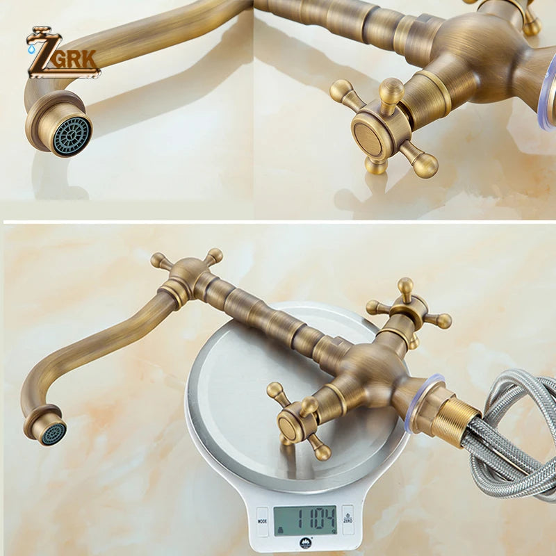 ZGRK Dual Handles Basin Faucet Brass Bronze Finished Mixer Taps 360 Rotation Antique Bath Sink Faucet Deck Mounted Water Taps