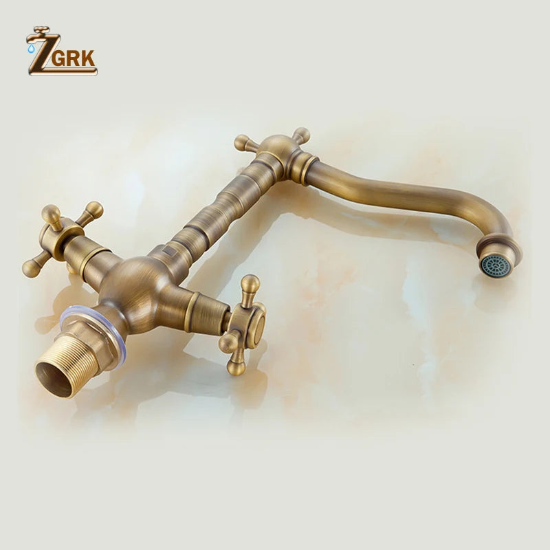 ZGRK Dual Handles Basin Faucet Brass Bronze Finished Mixer Taps 360 Rotation Antique Bath Sink Faucet Deck Mounted Water Taps