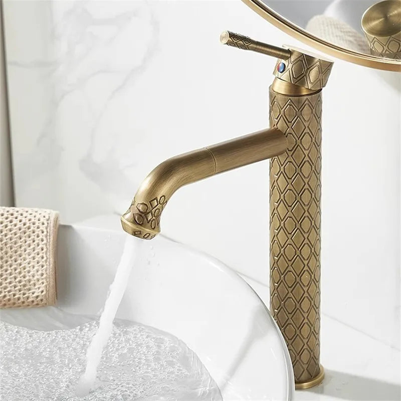 Antique Carved Bathroom Faucet Brass Basin Faucets Hot & Cold Bathroom Sink Faucet Deck Mounted Lavotory Faucet  Mixer Water Tap