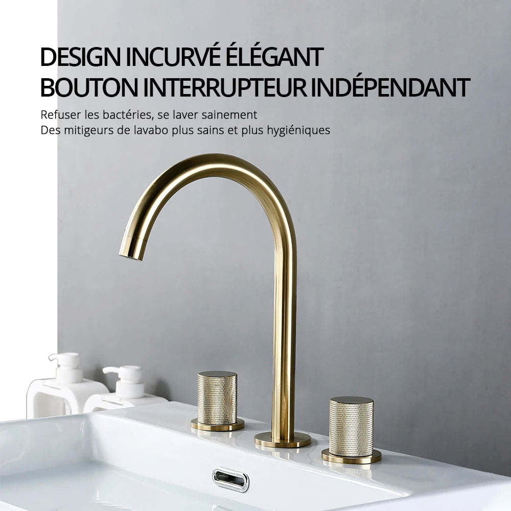 Robinet de Lavabo 3 Trous Laiton Brossé Moleté
