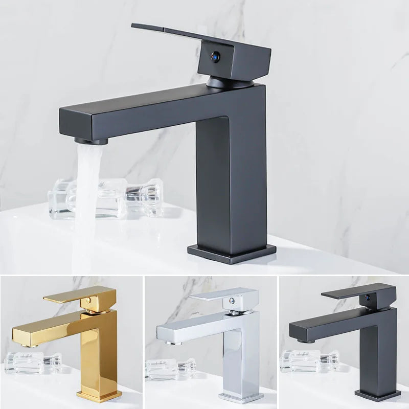 All-copper luxury minimalist square black basin faucet with hot and cold water, under-counter basin with bright gold faucet