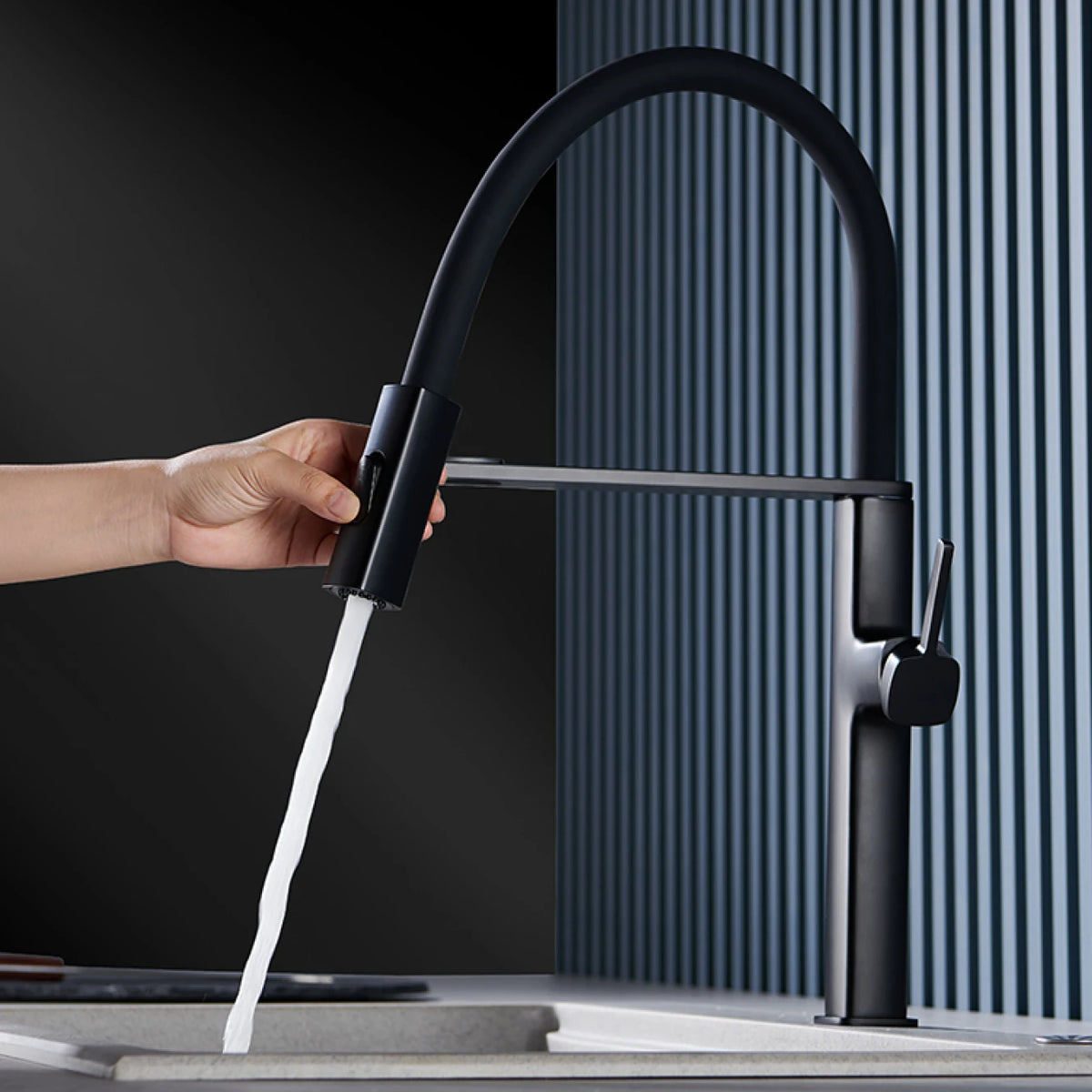 Robinet de Cuisine Noir Mat à Douchette Extensible
