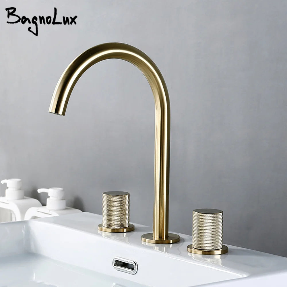 Robinet de Lavabo 3 Trous Laiton Brossé Moleté