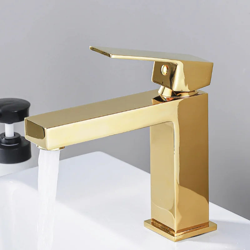 All-copper luxury minimalist square black basin faucet with hot and cold water, under-counter basin with bright gold faucet