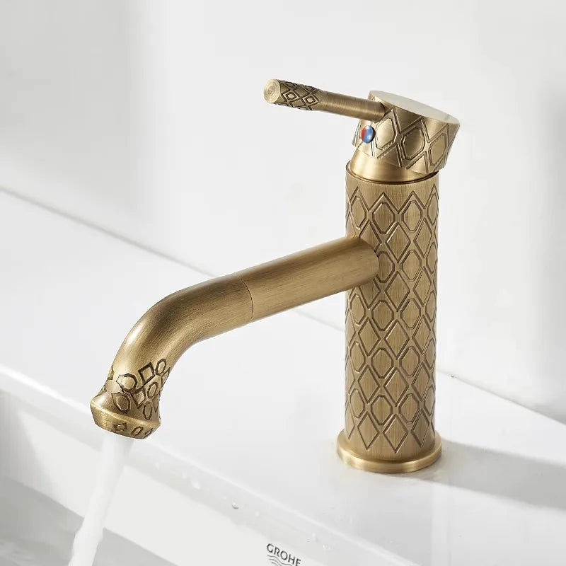 Antique Carved Bathroom Faucet Brass Basin Faucets Hot & Cold Bathroom Sink Faucet Deck Mounted Lavotory Faucet  Mixer Water Tap