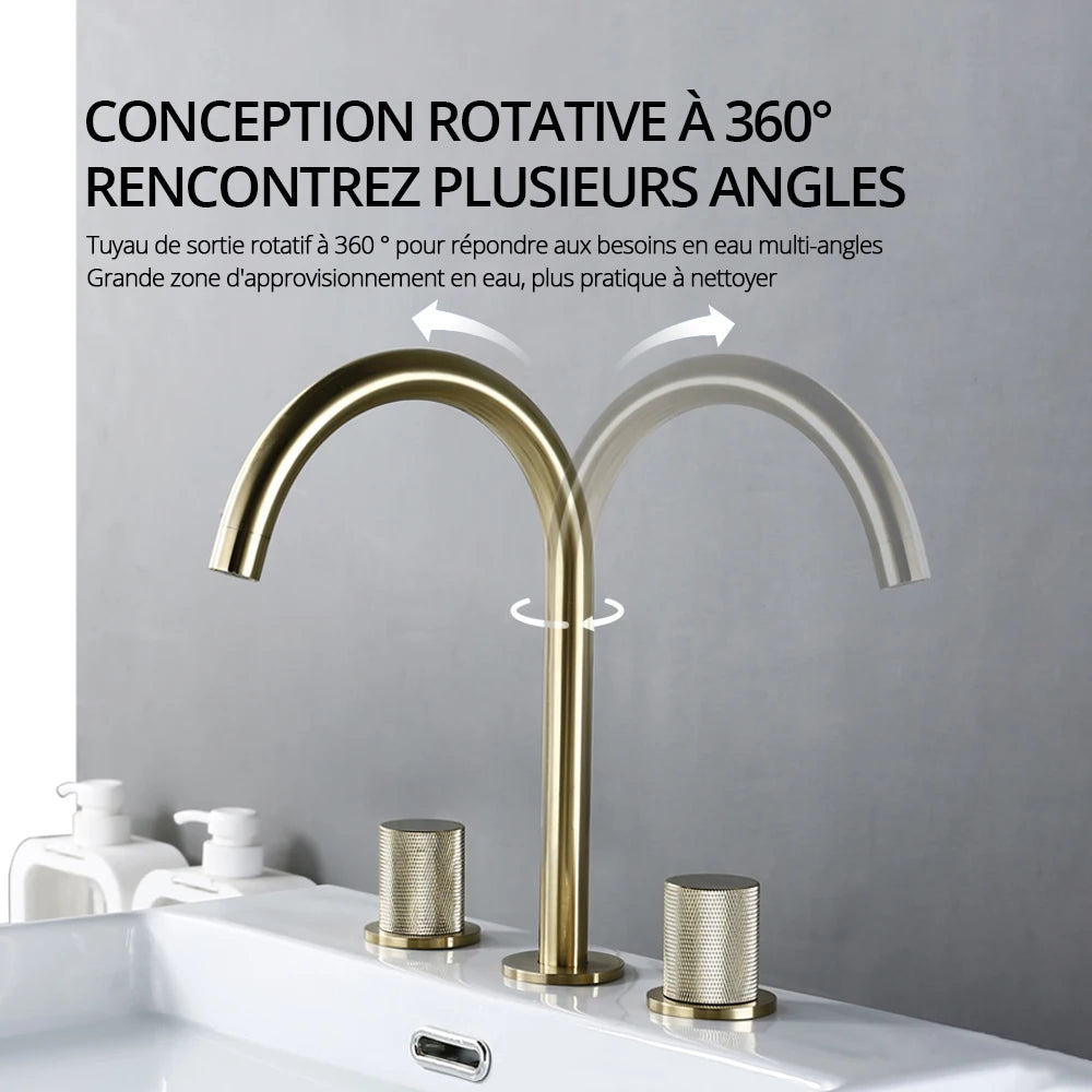 Robinet de Lavabo 3 Trous Laiton Brossé Moleté