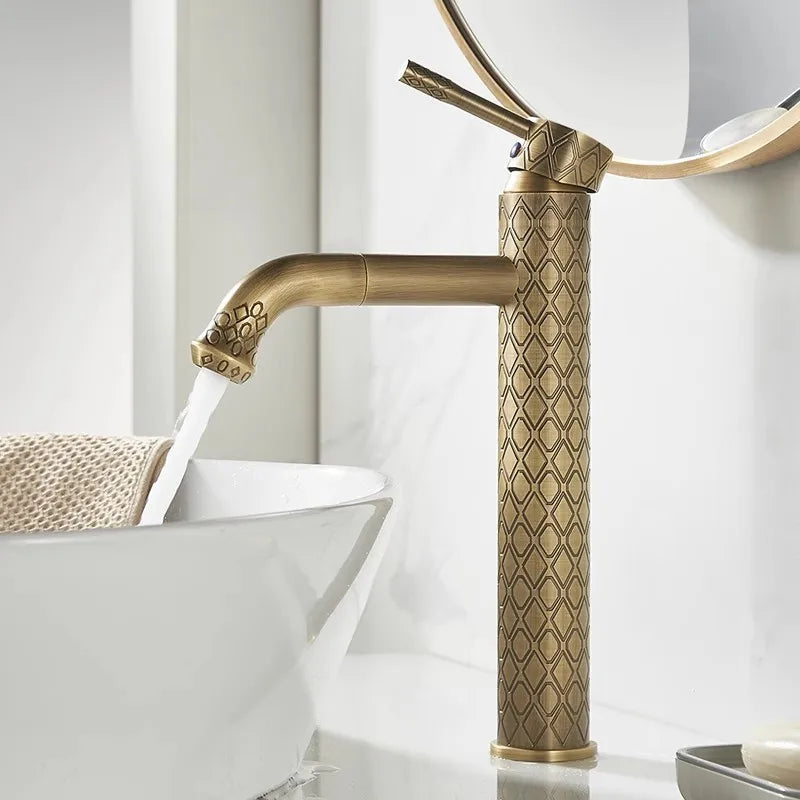 Antique Carved Bathroom Faucet Brass Basin Faucets Hot & Cold Bathroom Sink Faucet Deck Mounted Lavotory Faucet  Mixer Water Tap