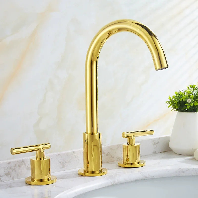 Robinet De Lavabo Doré Brillant à T-Poignées 3 Pièces