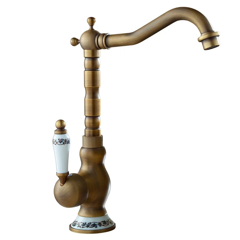 Robinet de Lavabo Rétro en Laiton Vieilli et Poignée Florale