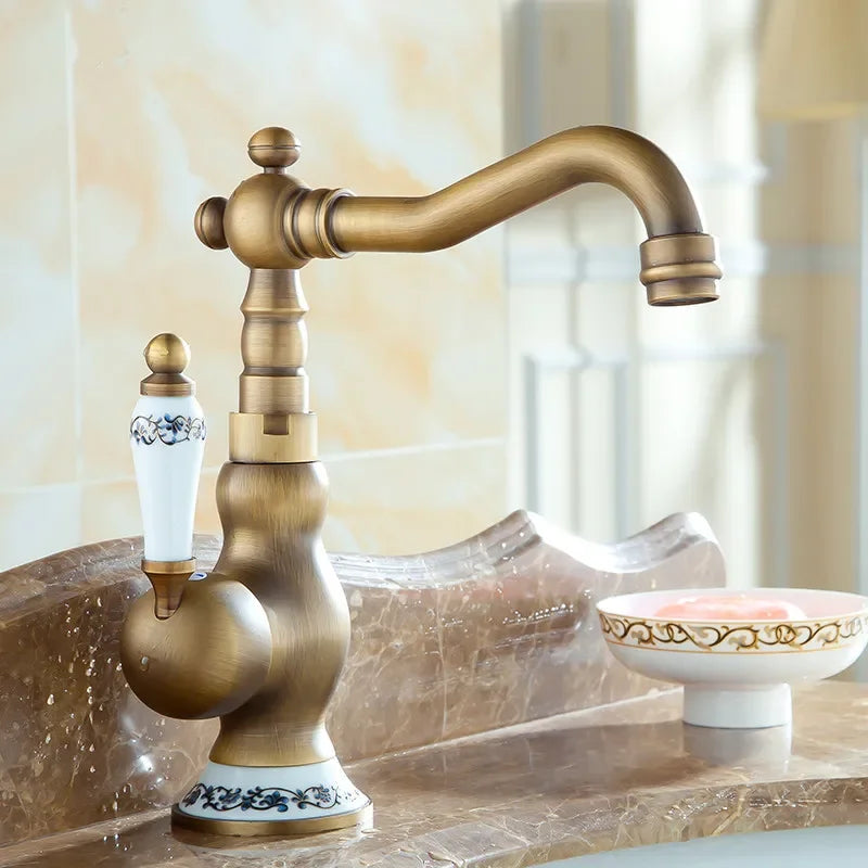 Robinet de Lavabo Rétro en Laiton Vieilli et Poignée Florale