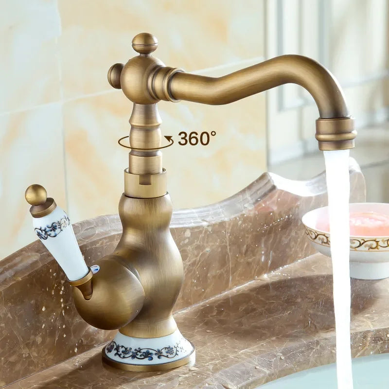 Robinet de Lavabo Rétro en Laiton Vieilli et Poignée Florale
