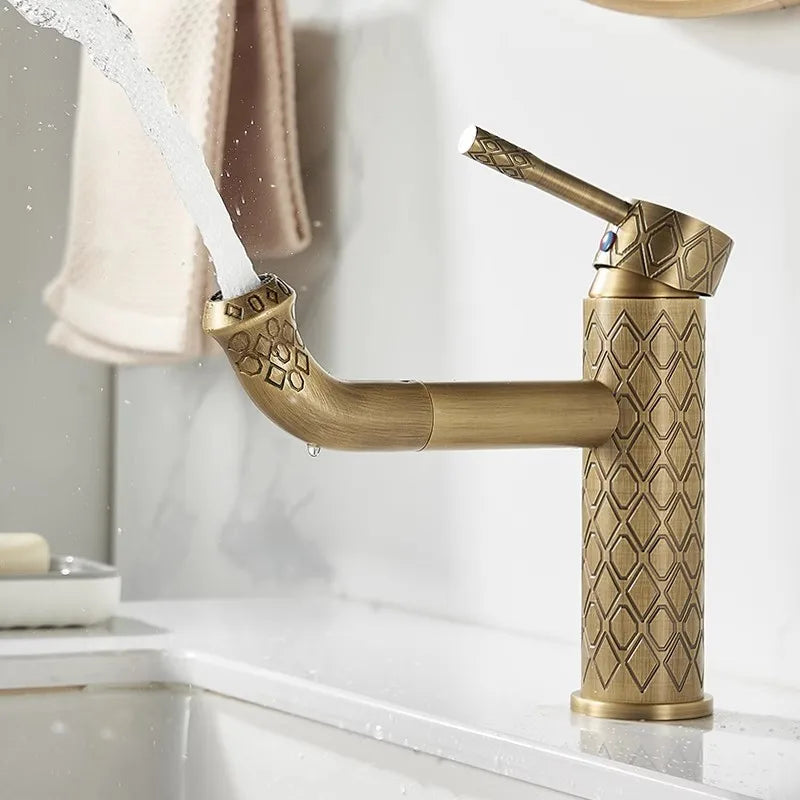 Antique Carved Bathroom Faucet Brass Basin Faucets Hot & Cold Bathroom Sink Faucet Deck Mounted Lavotory Faucet  Mixer Water Tap
