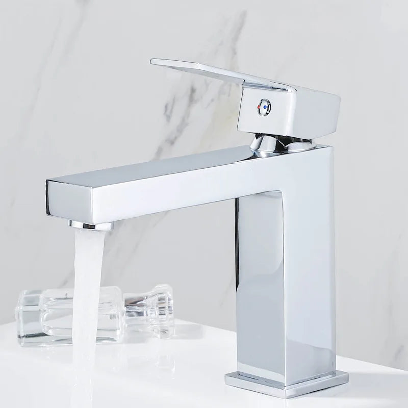 All-copper luxury minimalist square black basin faucet with hot and cold water, under-counter basin with bright gold faucet