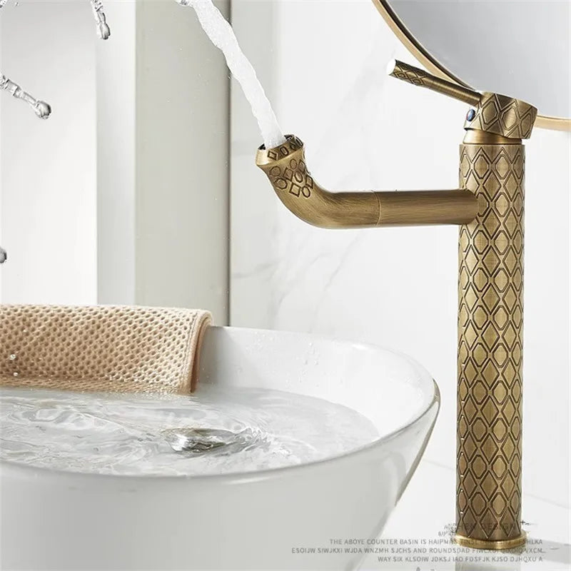 Antique Carved Bathroom Faucet Brass Basin Faucets Hot & Cold Bathroom Sink Faucet Deck Mounted Lavotory Faucet  Mixer Water Tap