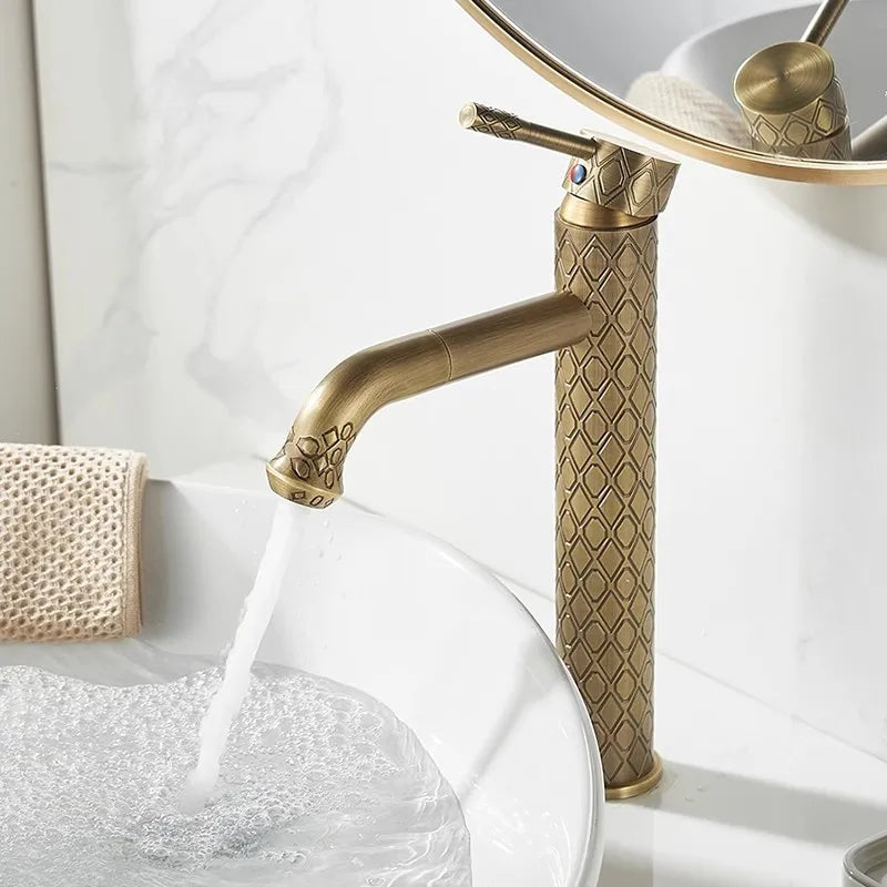 Antique Carved Bathroom Faucet Brass Basin Faucets Hot & Cold Bathroom Sink Faucet Deck Mounted Lavotory Faucet  Mixer Water Tap