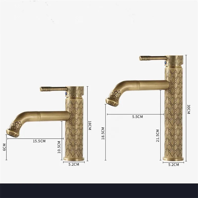 Antique Carved Bathroom Faucet Brass Basin Faucets Hot & Cold Bathroom Sink Faucet Deck Mounted Lavotory Faucet  Mixer Water Tap