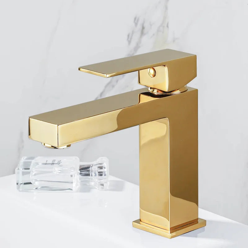 All-copper luxury minimalist square black basin faucet with hot and cold water, under-counter basin with bright gold faucet